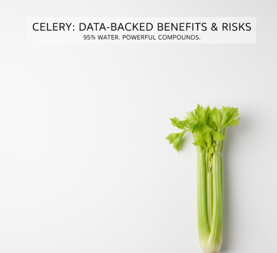 A minimalist image featuring a single celery stalk against a clean white background, with text overlay "CELERY: DATA-BACKED BENEFITS & RISKS" and "95% WATER. POWERFUL COMPOUNDS." to introduce a guide on celery's nutritional value.