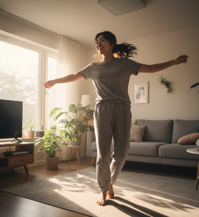 woman joyfully dancing in her sunlit living room, demonstrating exercise as a vibrant way to detach from work stress and combat burnout.