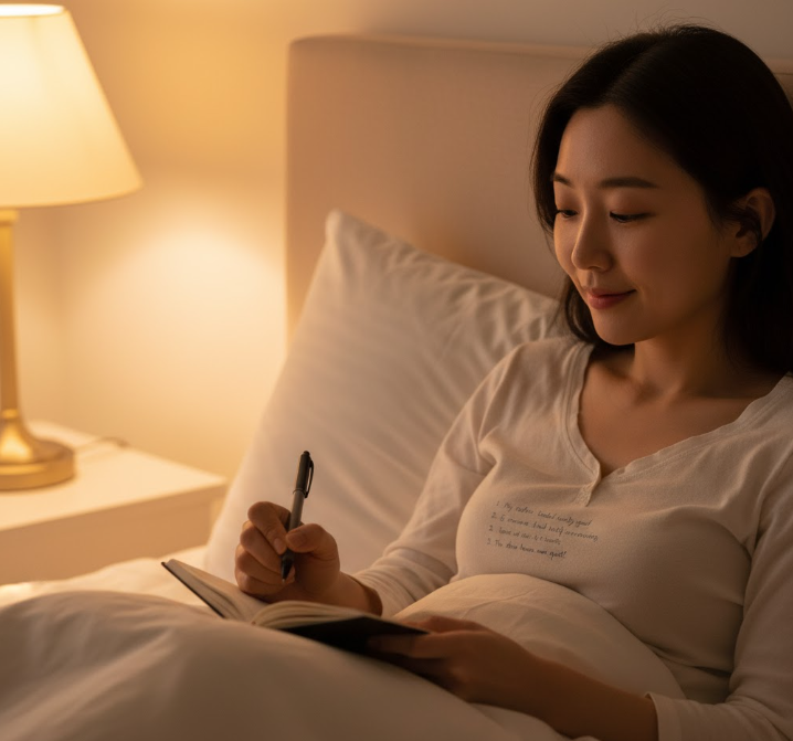 woman in bed, writing in a gratitude journal by lamplight, embodying a peaceful moment of combating burnout through positive reflection.