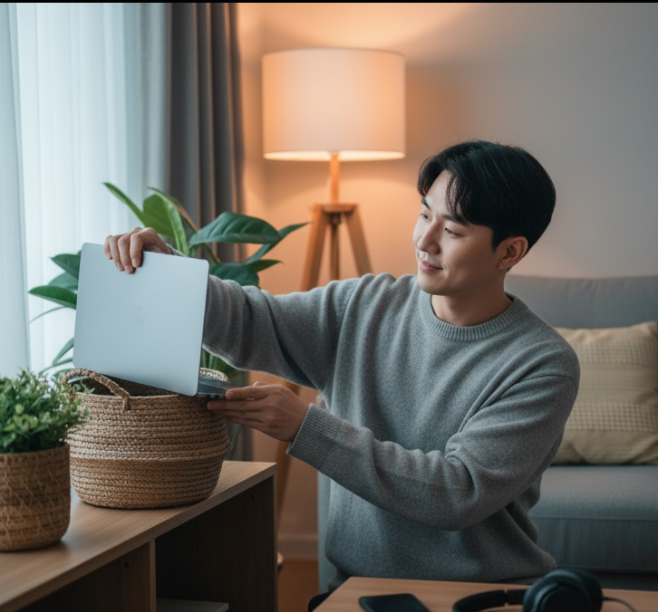 man demonstrates setting work-life boundaries by closing his laptop and putting it away in his home, symbolizing the end of his workday and a transition to personal time.