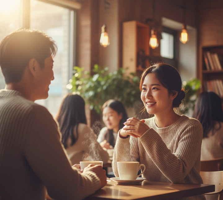 woman engaged in a warm conversation with a friend in a cafe, highlighting the vital role of social connection in combating burnout and isolation.
