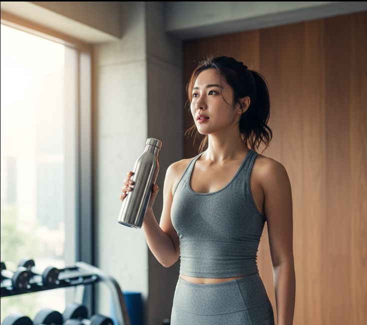 the importance of hydration and consistent effort in a fitness journey, portraying a sense of strength and well-being.