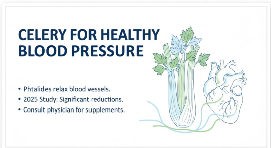 An infographic illustrating celery's role in blood pressure regulation with simplified line art of celery and a heart, accompanied by key bullet points and a title "CELERY FOR HEALTHY BLOOD PRESSURE".