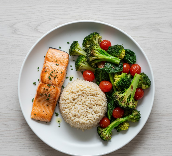 visually demonstrates the simple, non-restrictive "hand-sized" method for portion control of protein, carbs, and vegetables.