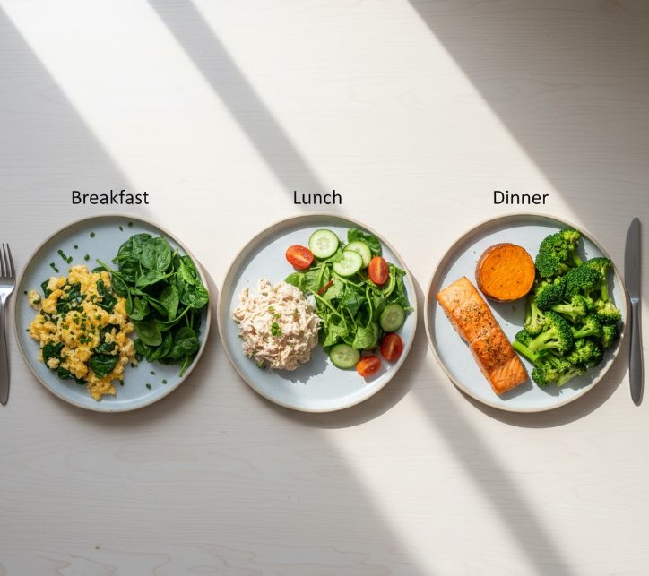 This image provides a clear visual guide for the "Day 1: Simple Starting Line" meal plan, demonstrating balanced portion sizes for each meal.