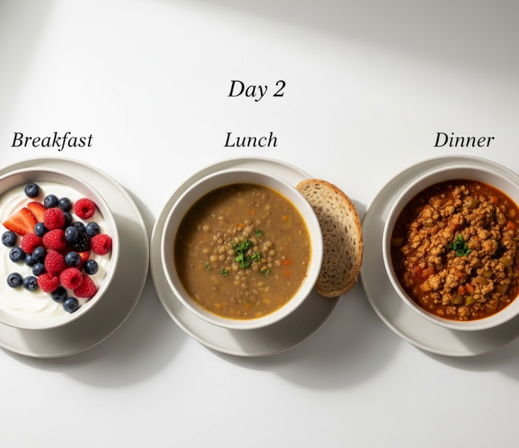 This image visually illustrates the "Day 2" meal plan, providing clear examples of portion-controlled and balanced meals.