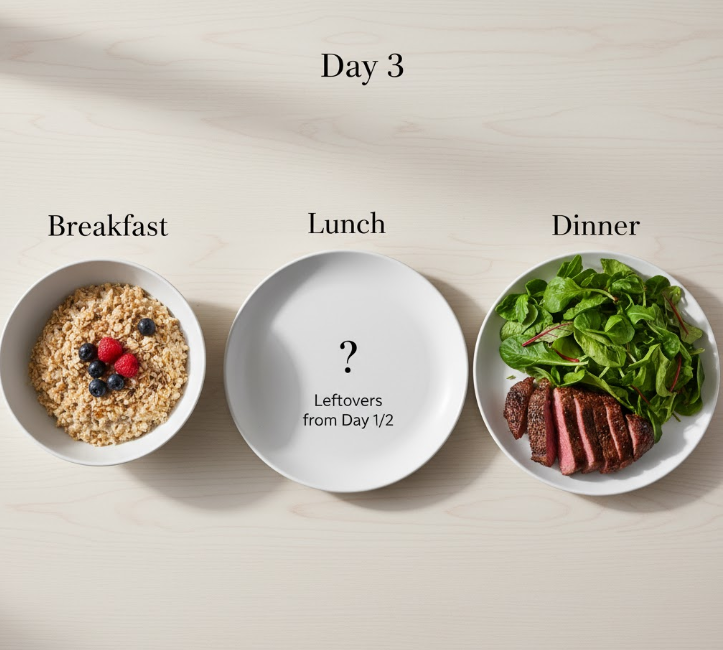 This image visually illustrates the "Day 3" meal plan, providing clear examples of portion-controlled and flexible meals, including the option for leftovers.