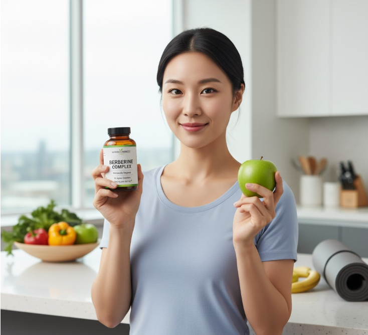 A woman balancing a berberine supplement with healthy food and lifestyle choices, advocating for a holistic approach to wellness.