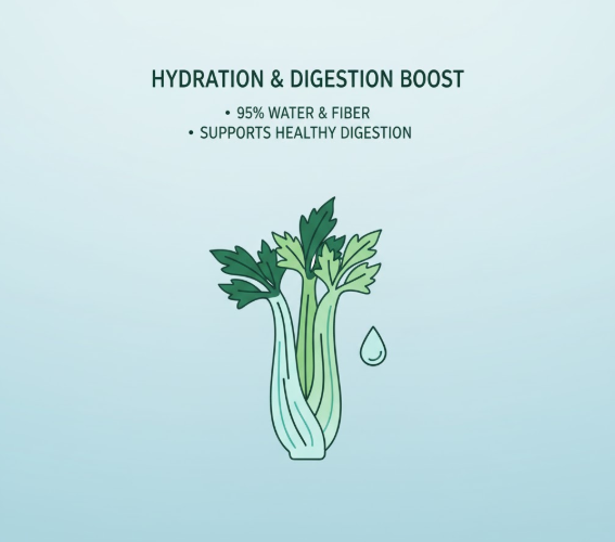 A minimalist illustration of a celery stalk with a water droplet, against a light blue gradient background, with the title "HYDRATION & DIGESTION BOOST" and bullet points highlighting "95% WATER & FIBER" and "SUPPORTS HEALTHY DIGESTION."