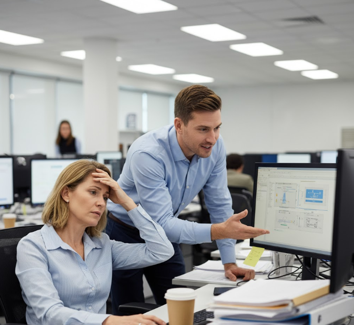A photorealistic image contrasting two colleagues' vastly different reactions to the same high-stress office environment, symbolizing different stress thresholds.
