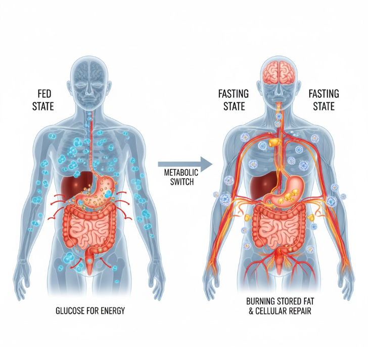 Visualizing the body's metabolic switch from glucose to fat burning during intermittent fasting.