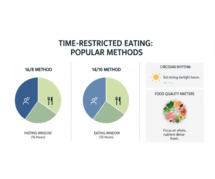 Infographic explaining the 16/8 and 14/10 intermittent fasting methods and key considerations.