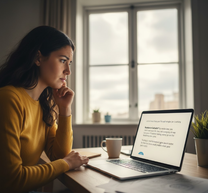 looking confused while browsing web hosting plans on a laptop.