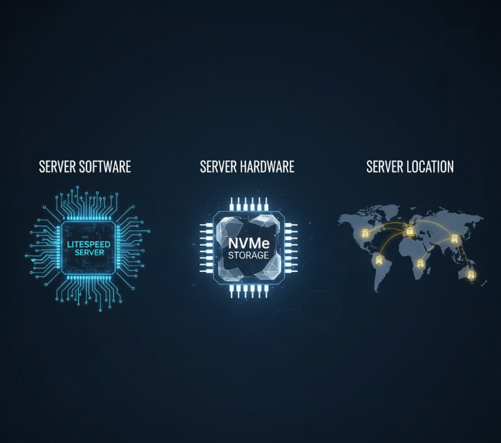 An image showing a simplified visual representation of server software, hardware, and location.