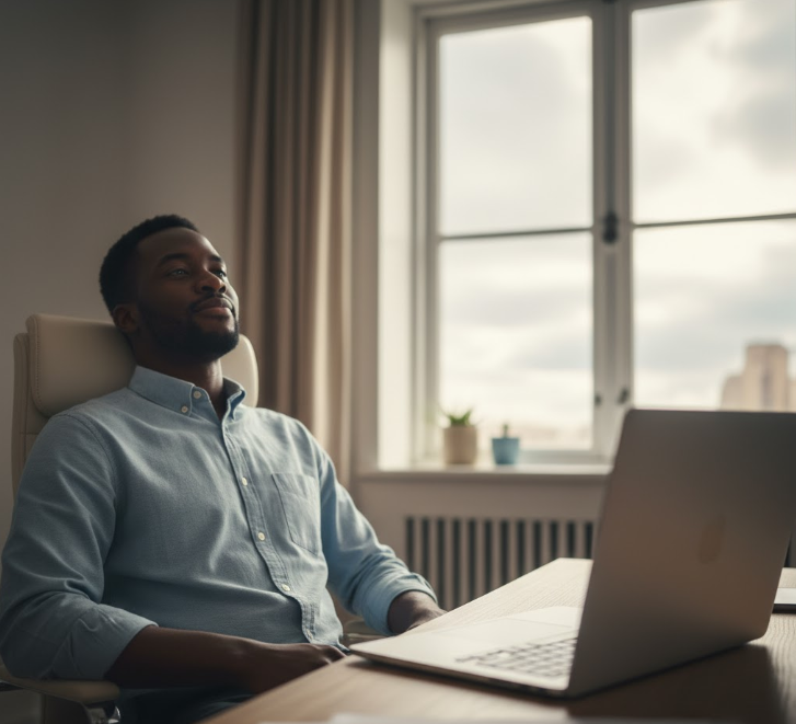 An image depicting a man looking relieved and satisfied after choosing Hostinger, an "all-in-one" web hosting solution.