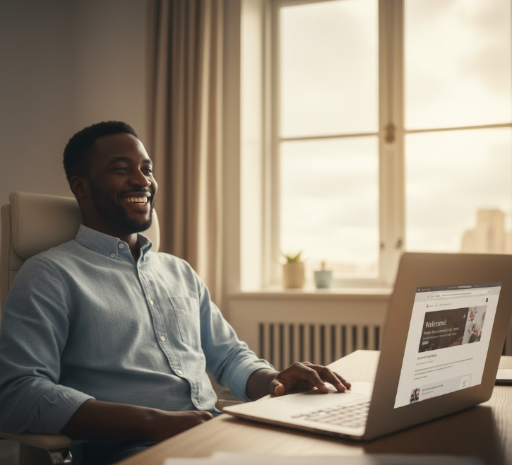 man smiling proudly at his laptop, which displays his newly launched WordPress blog.