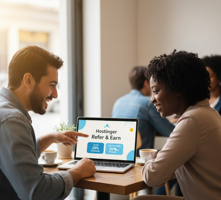 A  man in a cafe, happily showing Hostinger's 'Refer & Earn' program on his laptop to a smiling woman.