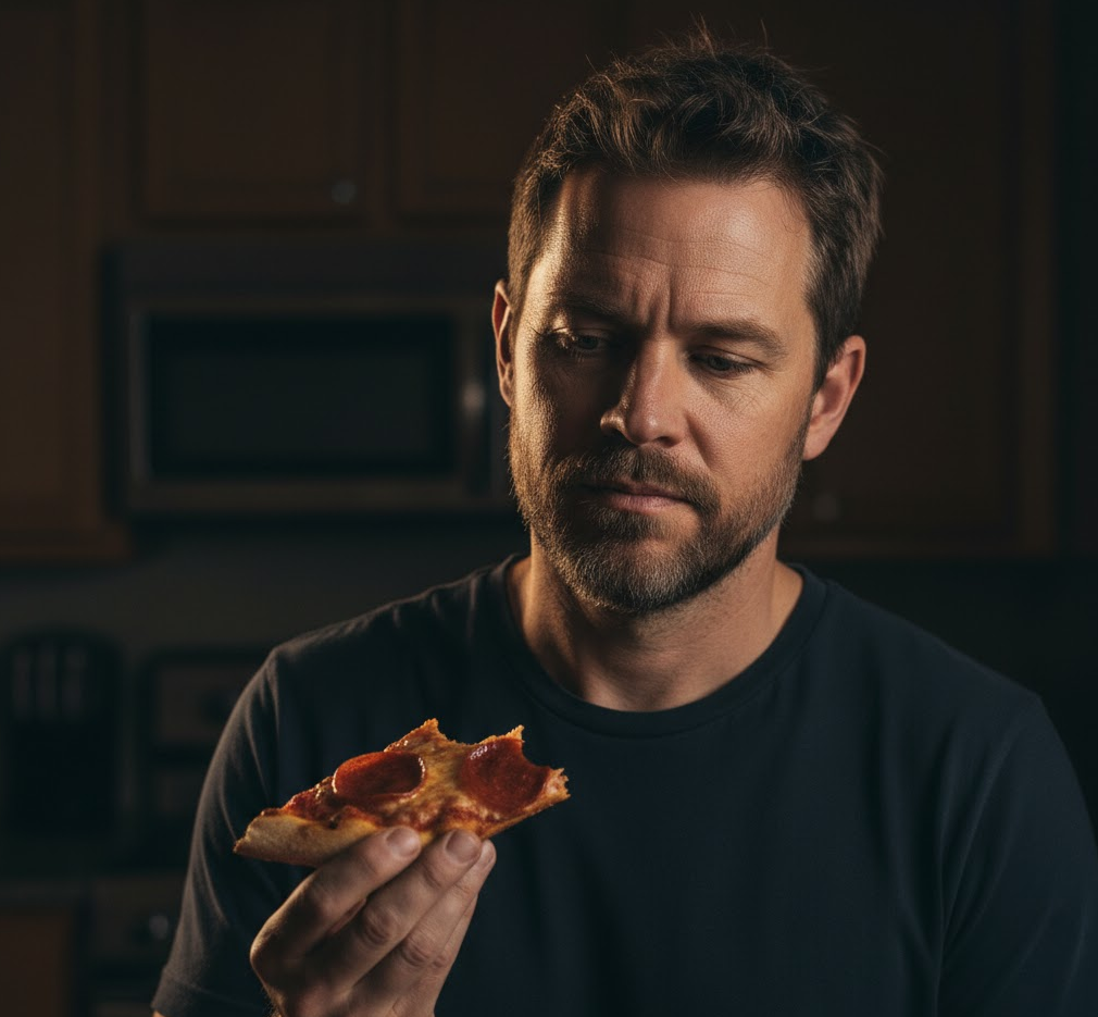 A man's introspective moment while holding late-night food, symbolizing a quiet realization about daily diet and liver health.