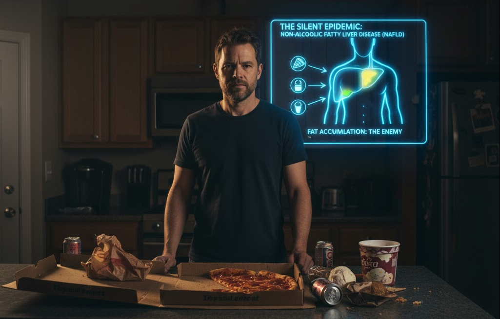 illustrating a translucent liver model being encased by a web of fat cells, symbolizing the threat of NAFLD.