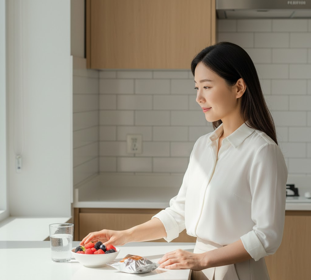 woman in a sunlit kitchen reaching for fresh berries and water, symbolizing a small, healthy dietary choice.