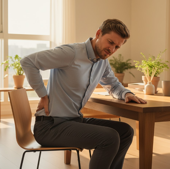 An image depicting a man experiencing lower back discomfort in an office setting, highlighting a common, relatable issue.