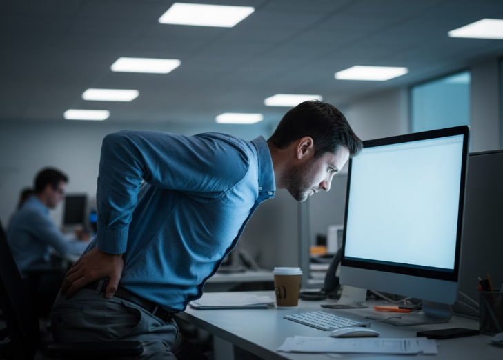 An image depicting a man with poor posture at his desk, visually representing the lifestyle factors that contribute to modern back pain.