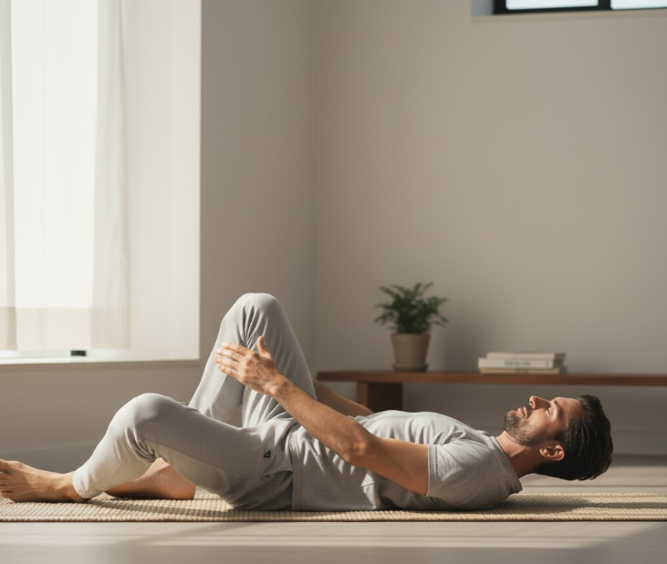 An image demonstrating the knee-to-chest stretch for lower back relief, showing a man performing the exercise in a calm setting.
