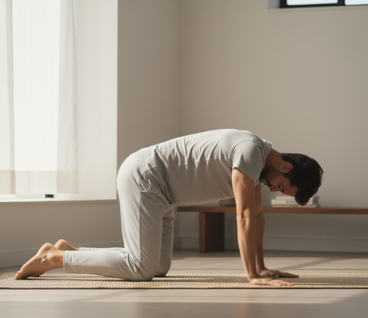 An image demonstrating the Cat-Cow stretch, showing a man flowing between the poses to improve spinal flexibility.