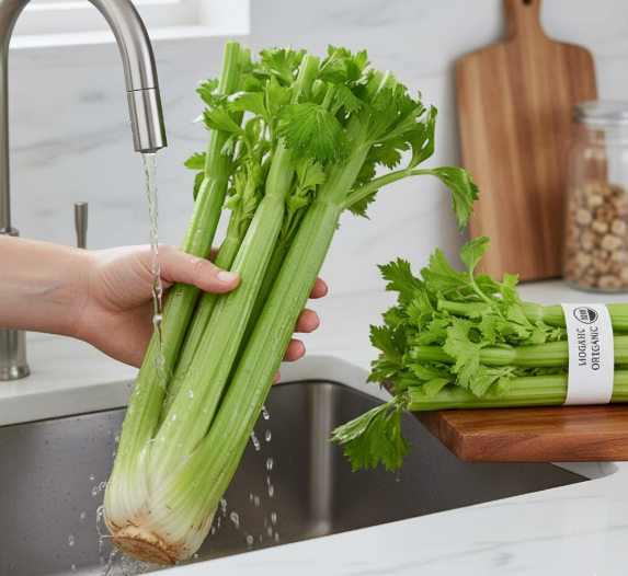 A dynamic image showing a bundle of celery being washed under running water next to organic celery, symbolizing the need to choose organic or thoroughly wash to avoid pesticide residues from the "Dirty Dozen" list.