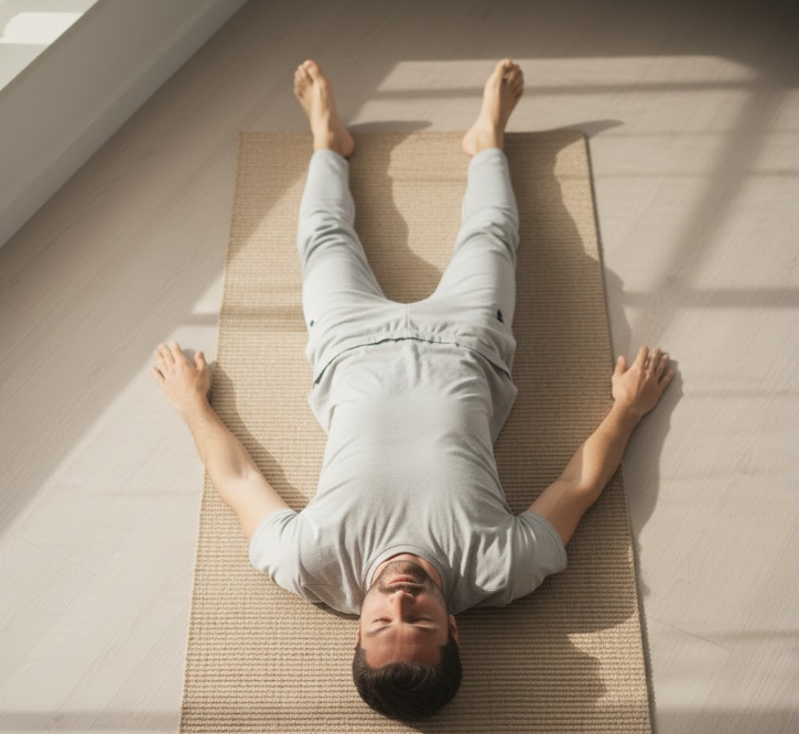 An image demonstrating the pelvic tilt exercise, showing a man correctly engaging his lower abdominal muscles for core activation and back support.