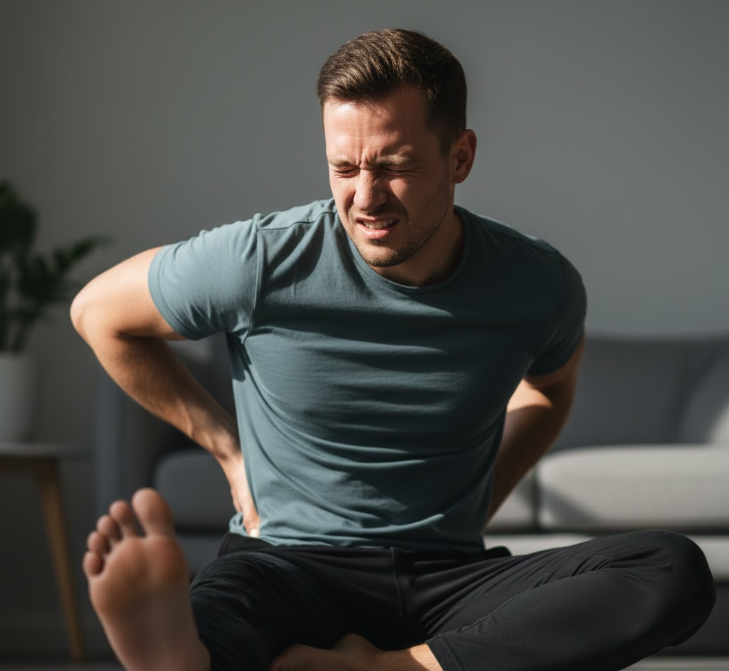 An image capturing the critical moment a man stops stretching due to sharp pain, illustrating the warning sign to not push through it.