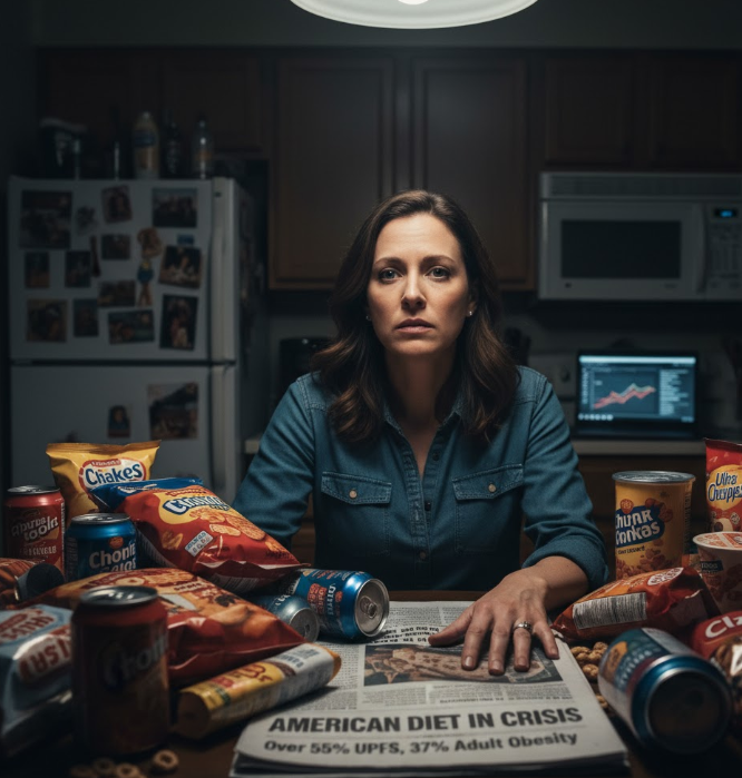 A woman is looking at a table full of processed foods, highlighting the complex issue of diet and health 