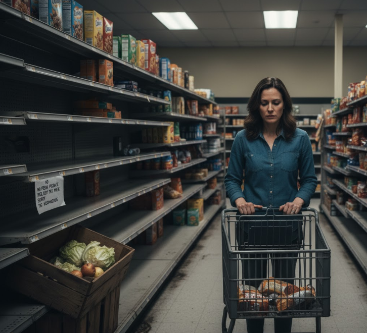 A poignant image of an American woman in a sparsely stocked grocery aisle, reflecting the struggles of food deserts and insecurity.