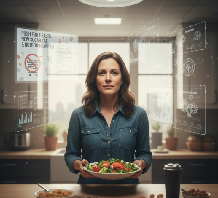 A conceptual image showing an American woman making a personal choice for a healthy plant-based meal, with a subtle background suggesting broader systemic support, illustrating the interplay between individual actions and societal change.