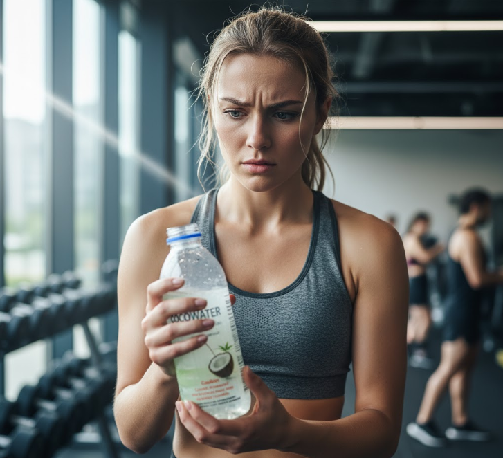 woman in a gym looking concerned while holding coconut water, highlighting potential health concerns despite its healthy image