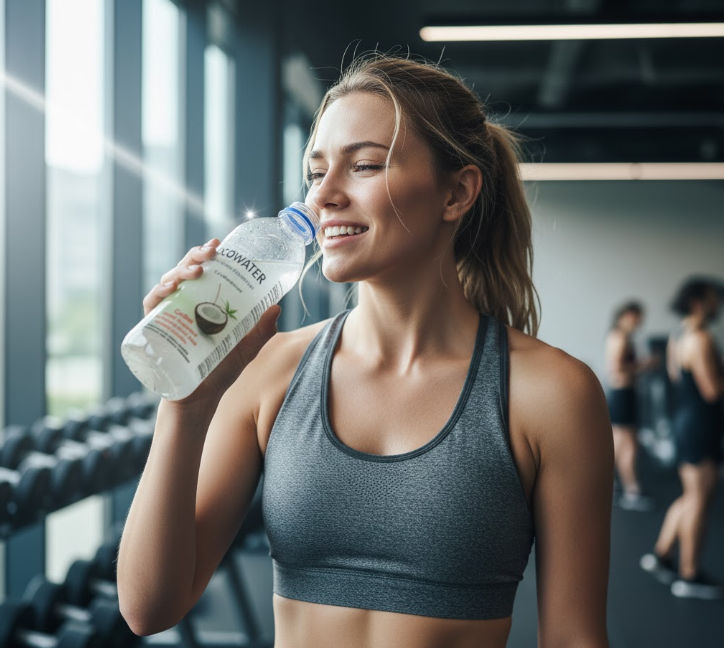 woman happily rehydrating with coconut water in a gym, illustrating the benefits of natural electrolytes.