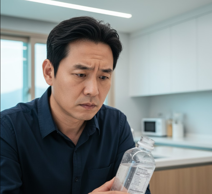 man carefully examining a coconut water label, highlighting the importance of checking ingredients for specific health conditions.
