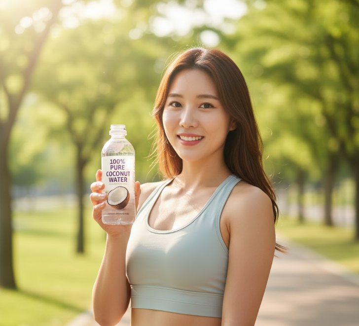 woman confidently choosing pure coconut water, emphasizing mindful consumption for health benefits.