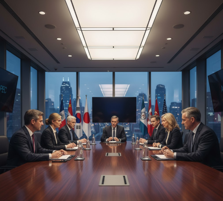 An image depicting a tense APEC summit meeting with American delegates, representing high-stakes international negotiations.