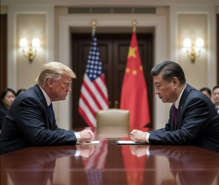 An image depicting a tense, high-stakes meeting between President Donald Trump and President Xi Jinping, symbolizing a tactical pause in trade relations.