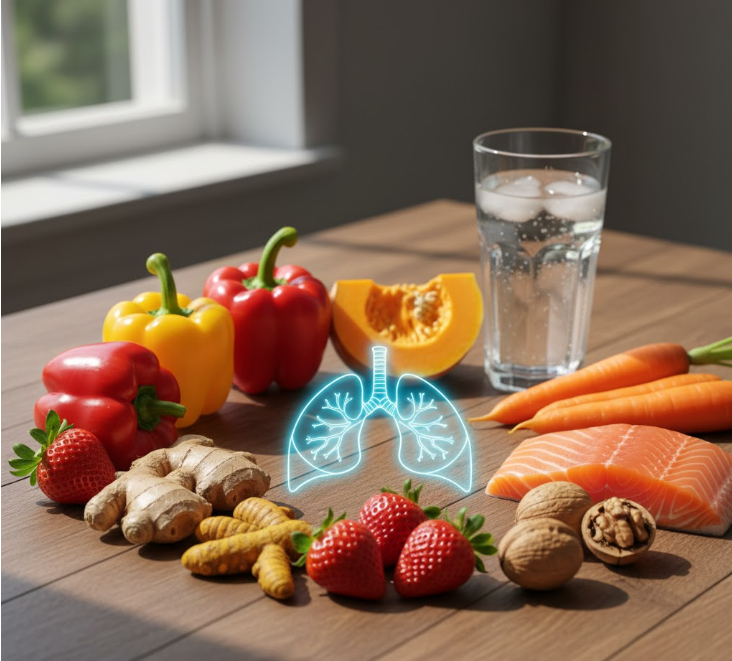 High-resolution photograph of lung-healthy foods arranged around the outline of healthy lungs.