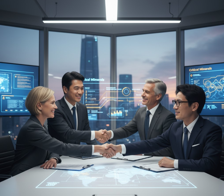 An image depicting American, Korean, and Japanese representatives shaking hands, symbolizing strategic alliances and cooperation in supply chain building.
