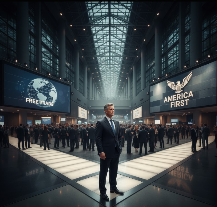 An image depicting an American representative at a strategic crossroads, symbolizing the contradiction between multilateral free trade and "America First" policies at APEC.