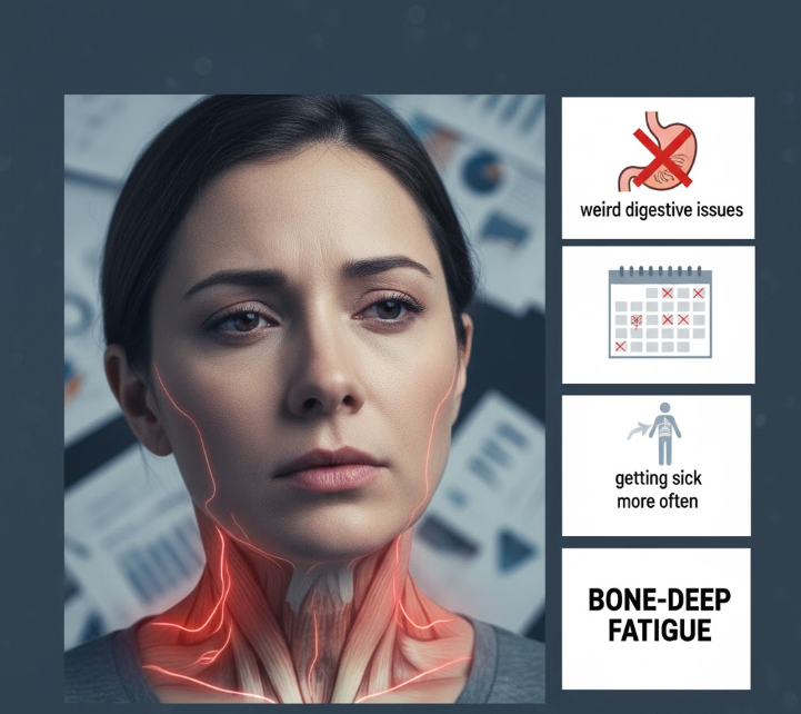 This infographic-style image visually lists and illustrates common physical symptoms of chronic stress, using clear text and icons to help users identify potential signs of an overloaded system.
