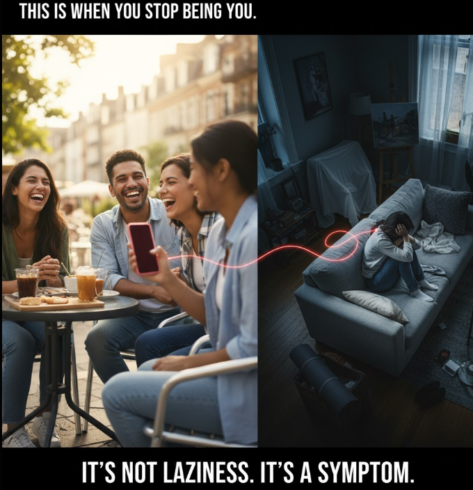 This split image visually contrasts a person's active social life with their subsequent isolation due to overwhelming stress, emphasizing that withdrawal is a symptom, not a flaw.