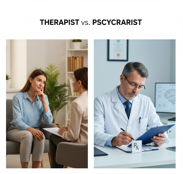 This split image visually differentiates between a therapist and a psychiatrist, illustrating their respective roles in mental health support to clarify who to contact for different needs