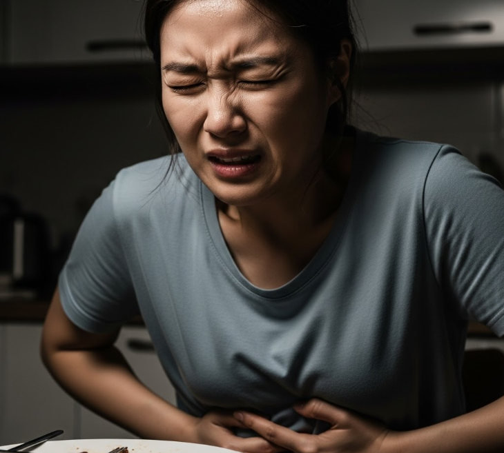 woman experiencing severe upper right abdominal pain, likely a gallbladder attack, for medical awareness.