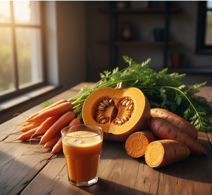 High-resolution photograph of carotenoid-rich foods for lung health, including pumpkin, carrots, and sweet potatoes.