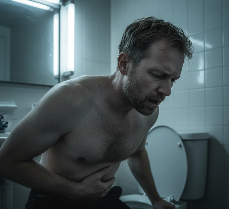 man suffering from persistent nausea and vomiting due to a potential medical issue.