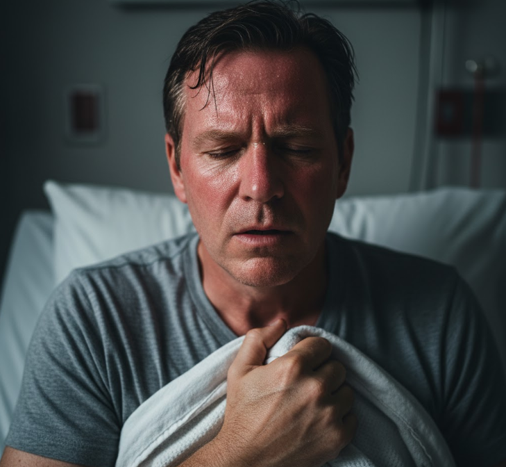 man suffering from severe fever and chills, indicating an acute gallbladder infection (cholecystitis).